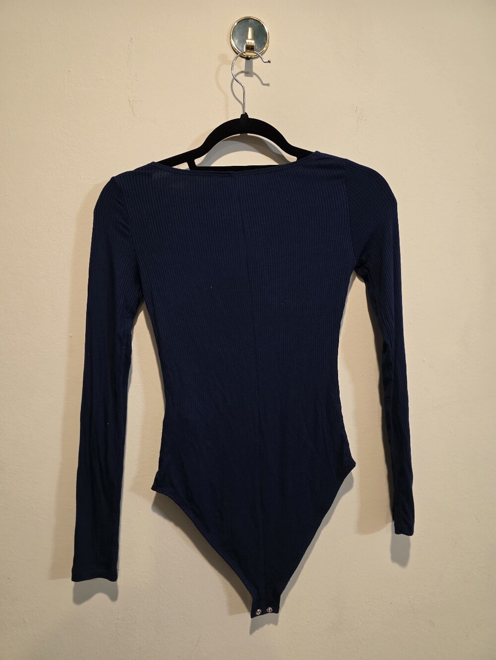FOREVER 21 Navy Blue Ribbed Knit Long Sleeve Plunge V-Neck Bodysuit S